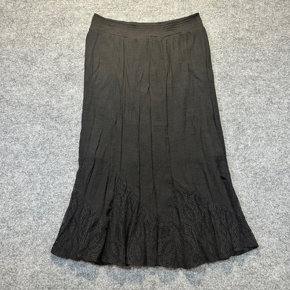 Apt. 9 Midi Skirt Women L Black Lace Trim Boho Crinkle Smocked Fairy Whimsigoth